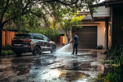 Man Washing Dark SUV In Residential Driveway