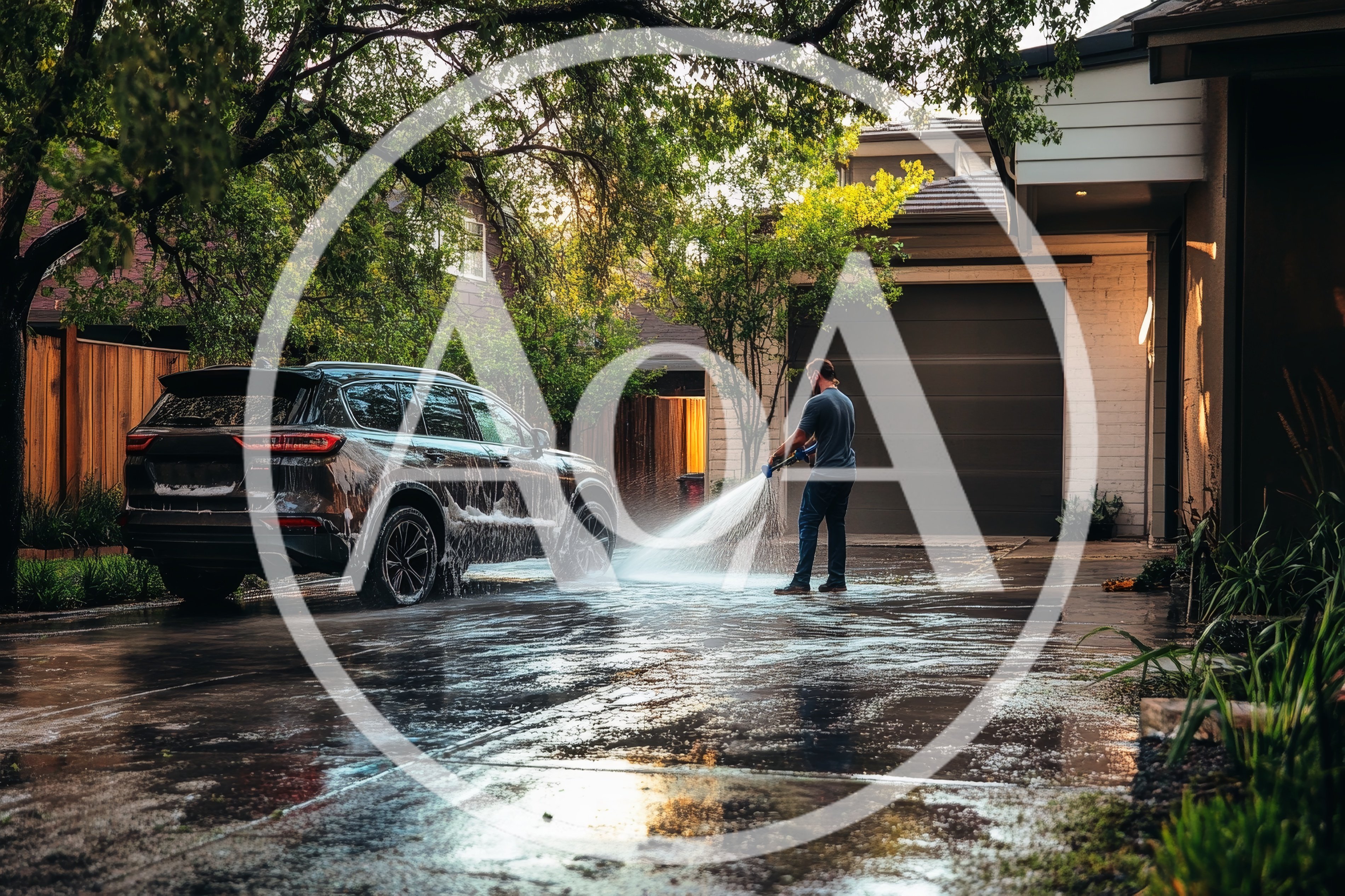 Man Washing Dark SUV In Residential Driveway