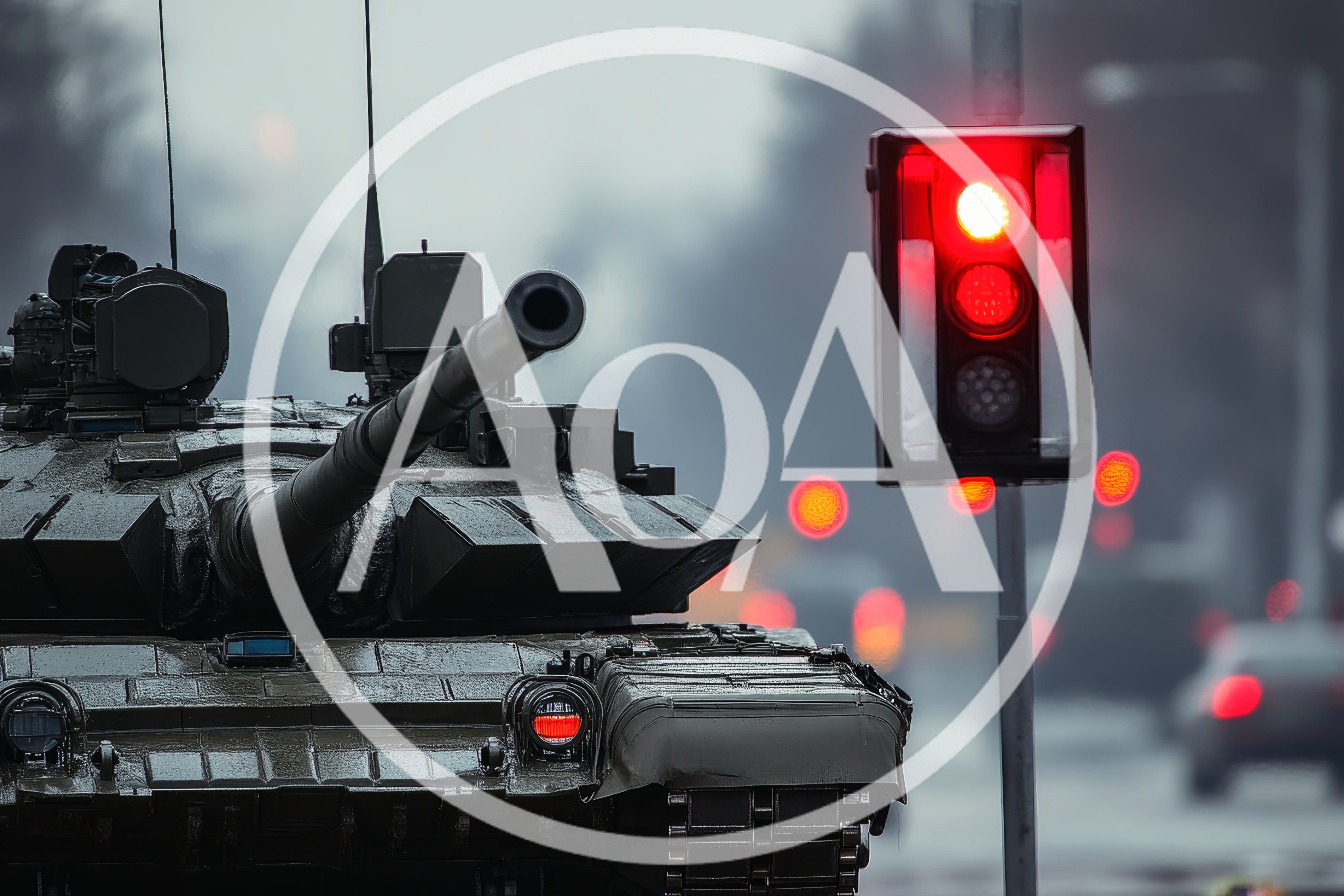 Military Tank Stopped at a Red Traffic Light