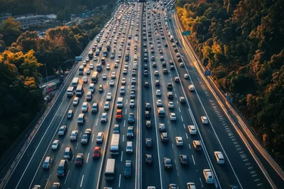 Aerial View Of Heavy Traffic On A Multi Lane Highway