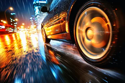 Car Driving Fast Through City Streets At Night