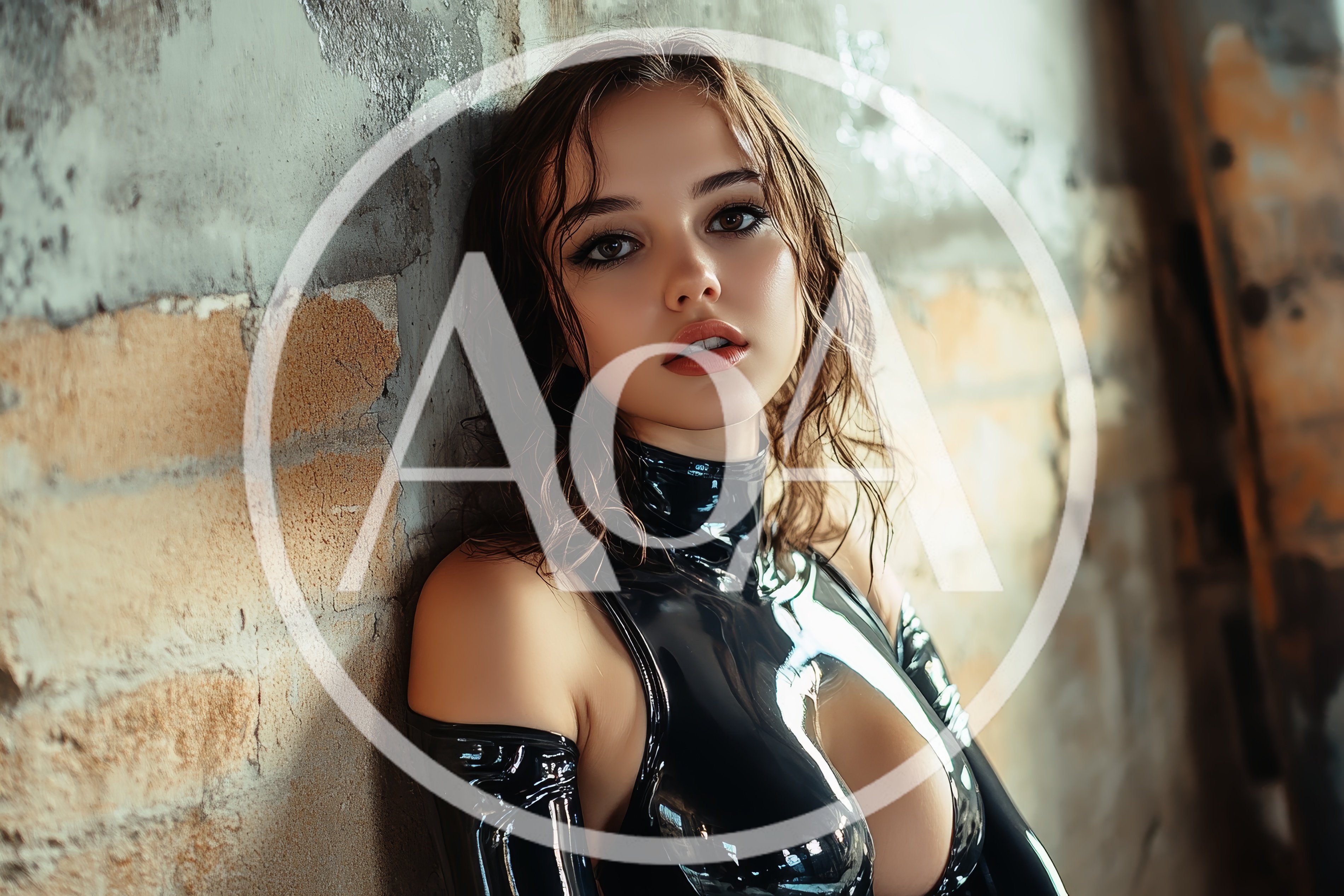 Young Woman In Black Latex Bodysuit Leaning Against Wall