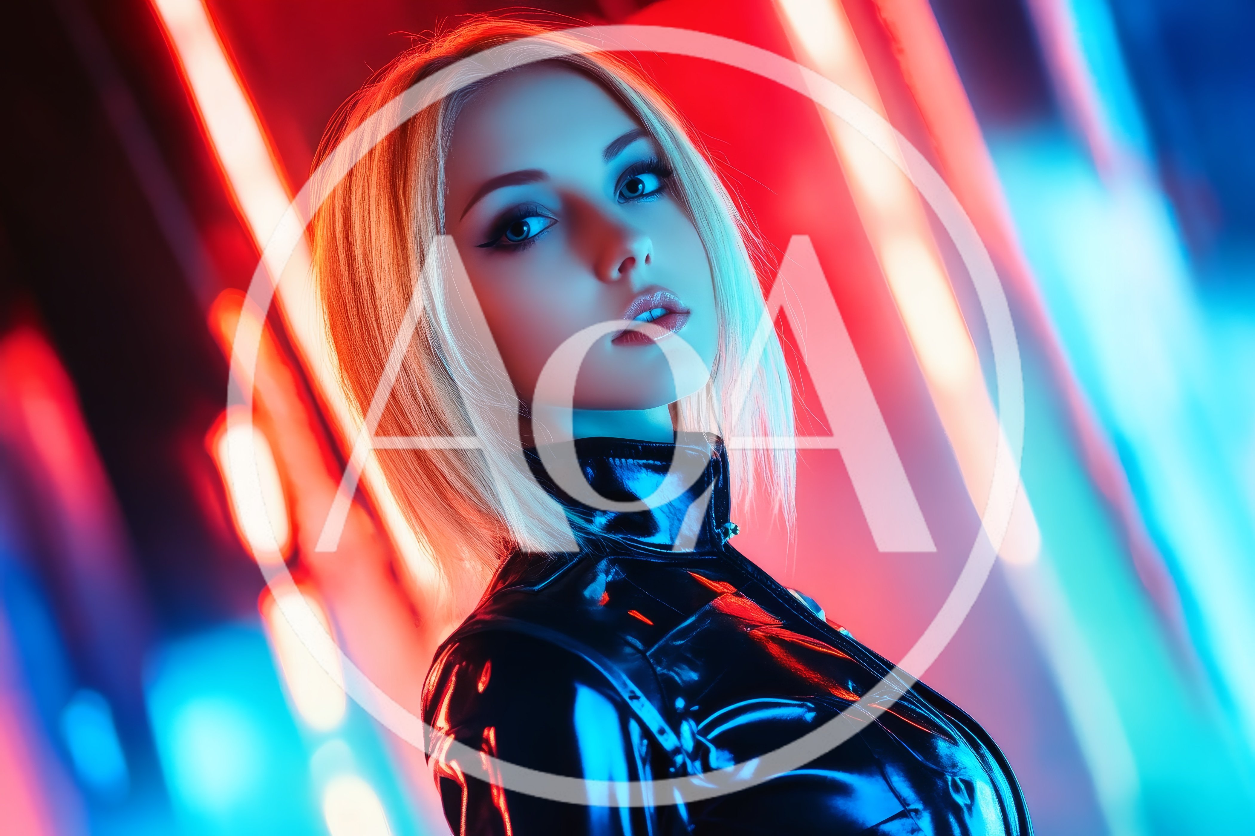 Cyberpunk Woman In Latex Jacket With Neon Lighting