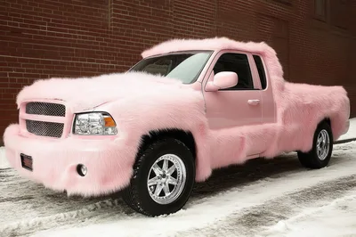 Pink Fur Covered Pickup Truck Parked In Snow