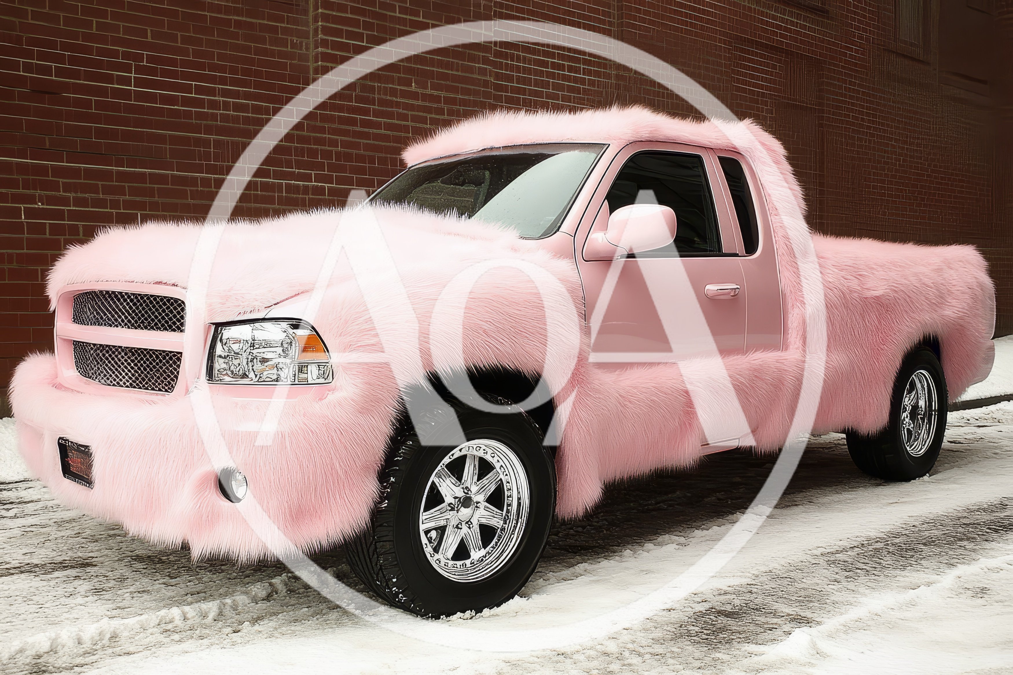 Pink Fur Covered Pickup Truck Parked In Snow