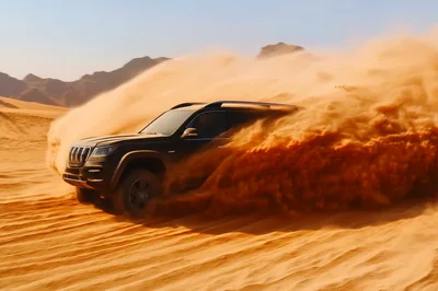 Black SUV Drifting Through Desert Sand Dunes