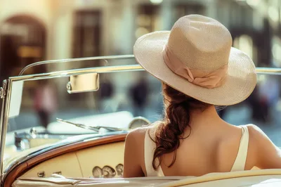 Woman Wearing Sun Hat Riding In Vintage Convertible