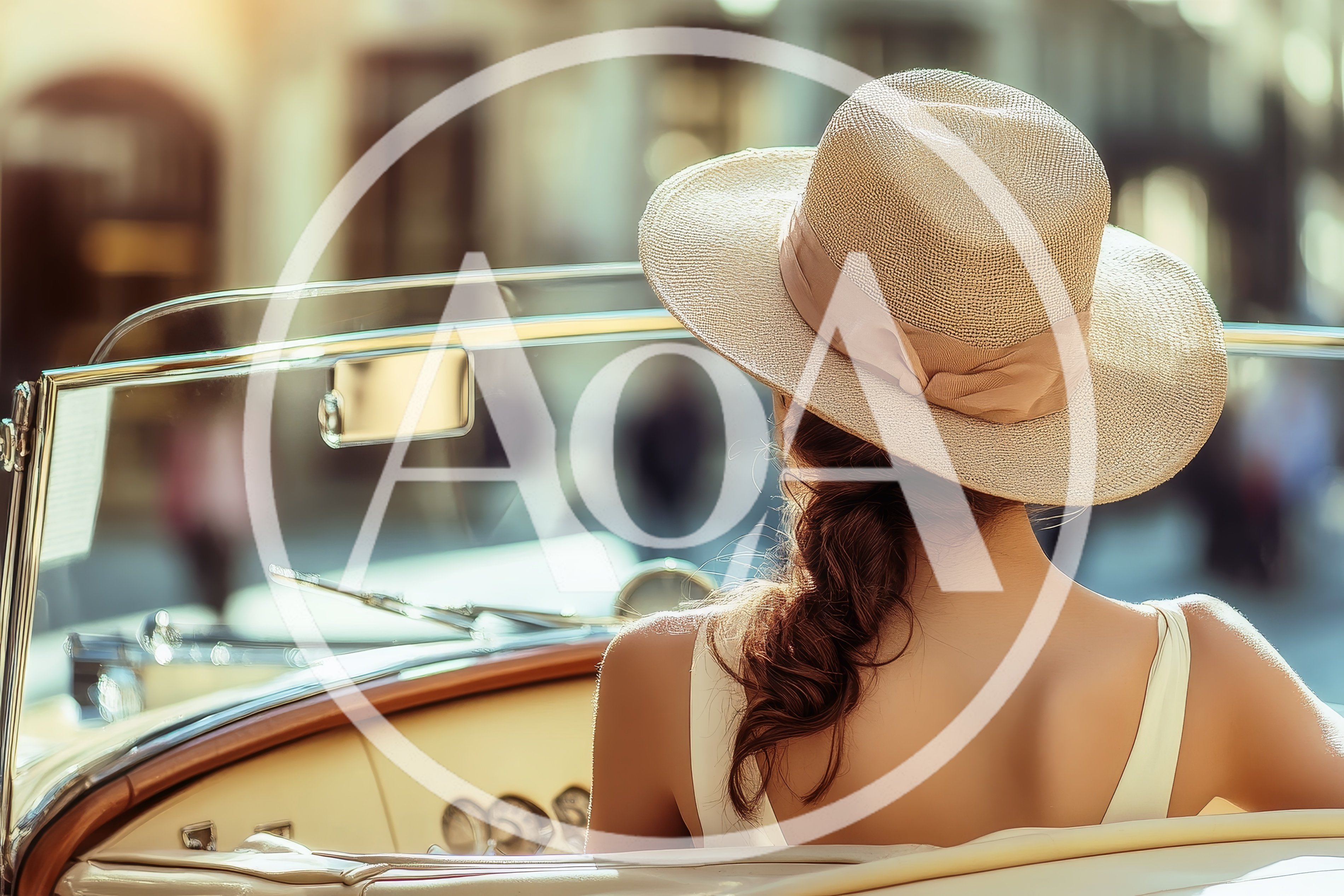 Woman Wearing Sun Hat Riding In Vintage Convertible