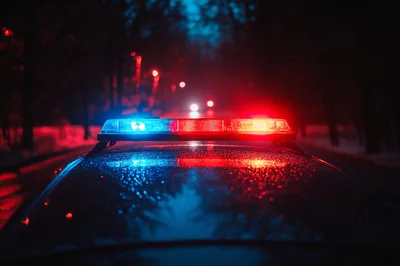 Police Car Emergency Lights Flashing At Night