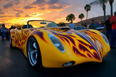 Custom Yellow Flame Painted Roadster at Sunset Car Show