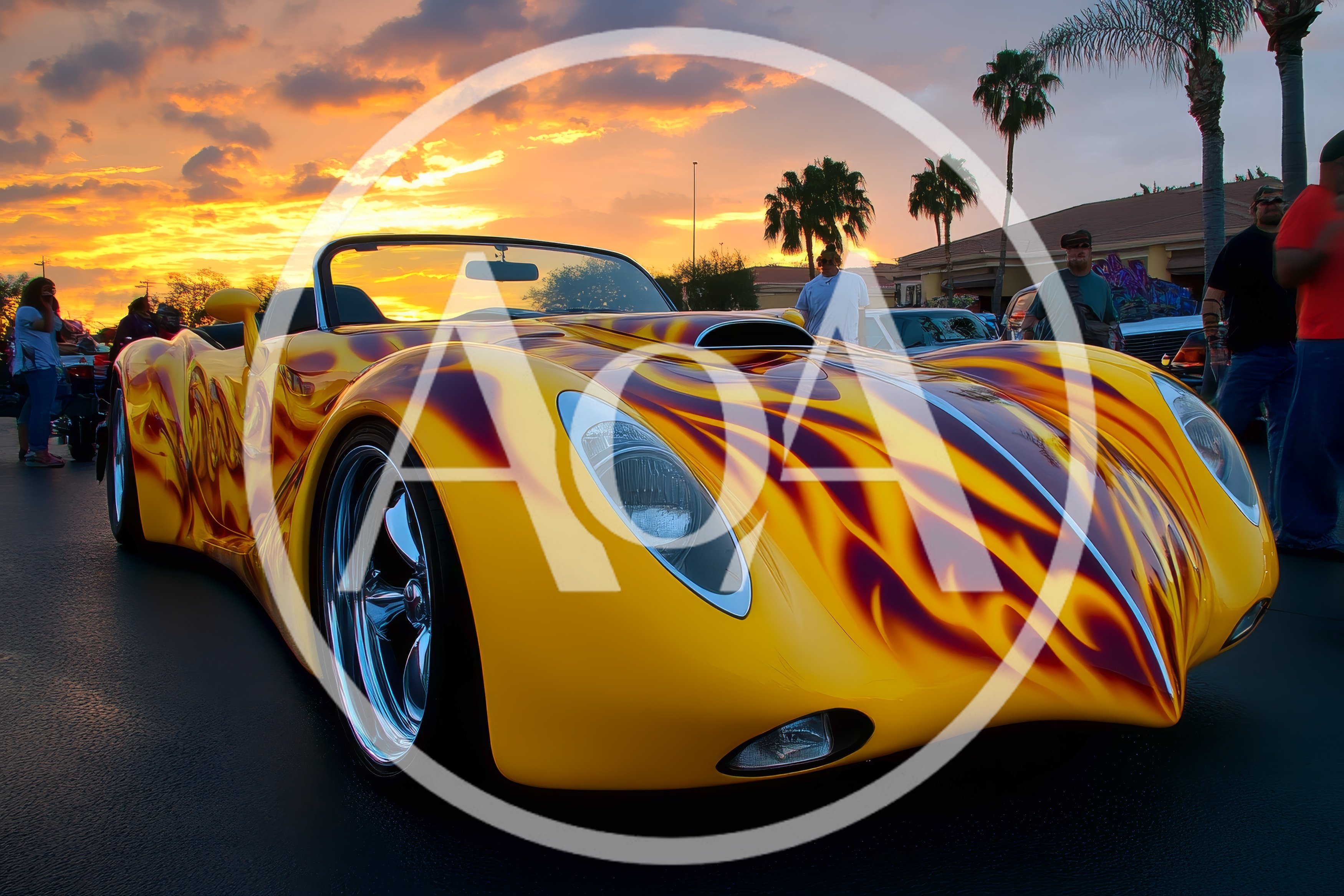 Custom Yellow Flame Painted Roadster at Sunset Car Show