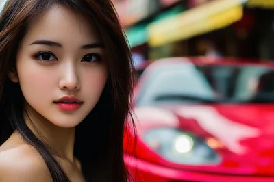 Portrait Of A Young Asian Woman Near Red Sports Car