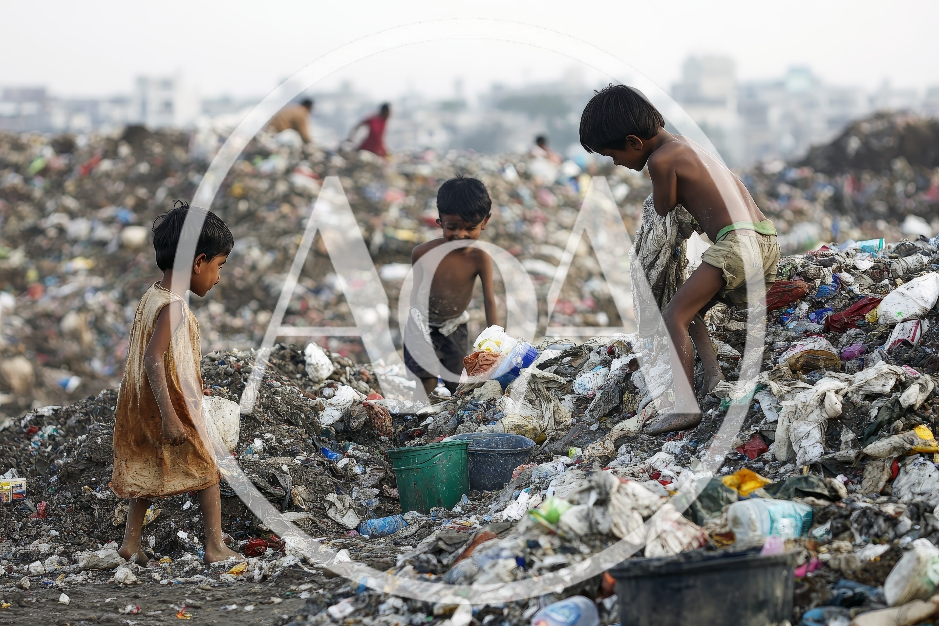 Children Scavenging Through Trash In A Landfill