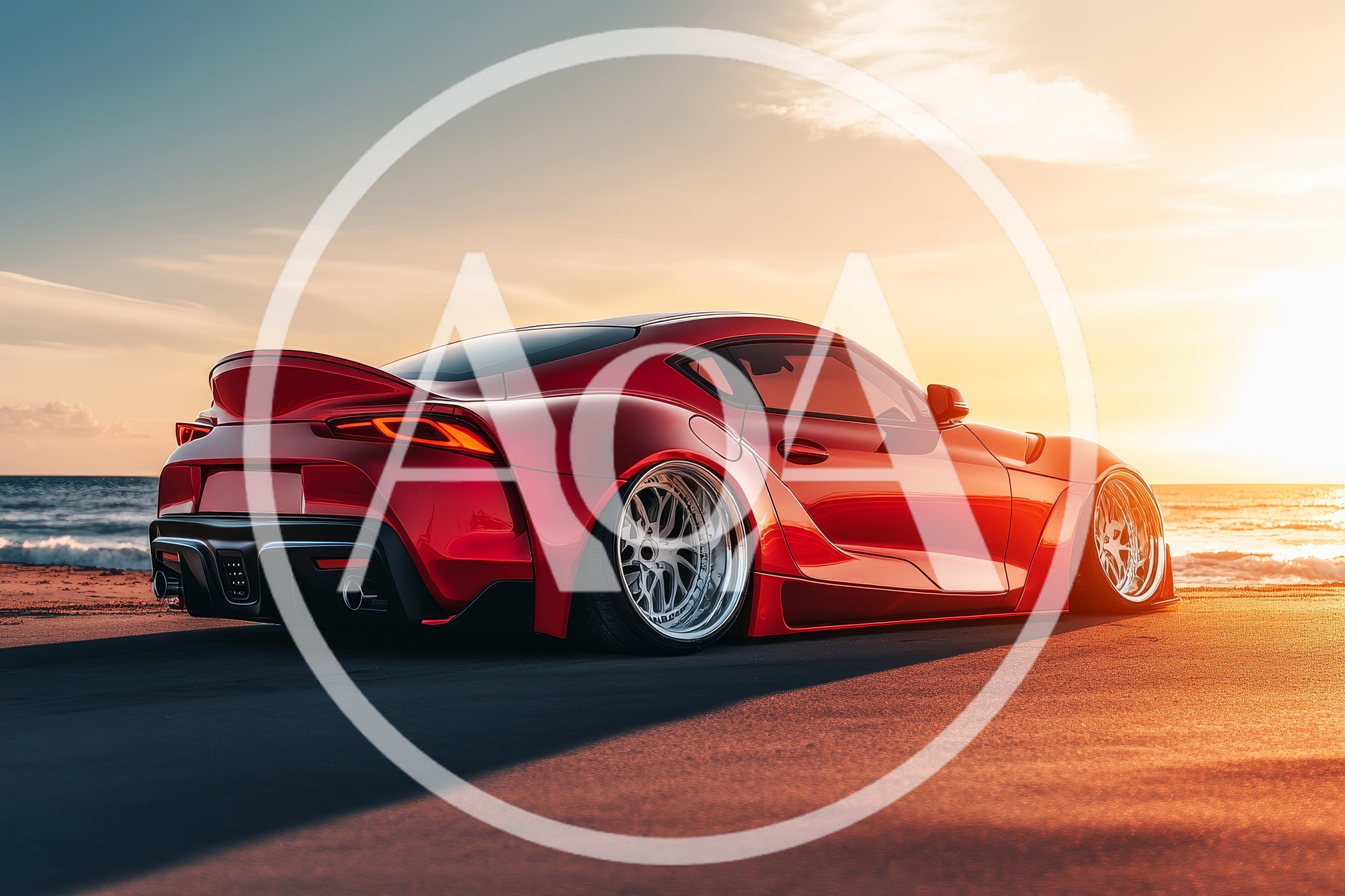 Modified Red Toyota Supra On A Beach At Sunset