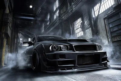 Modified Black Nissan Skyline R34 in Industrial Warehouse
