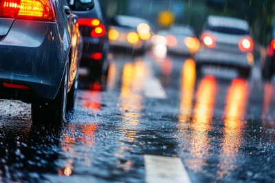 Cars Driving Through Heavy Rain On Wet City Road