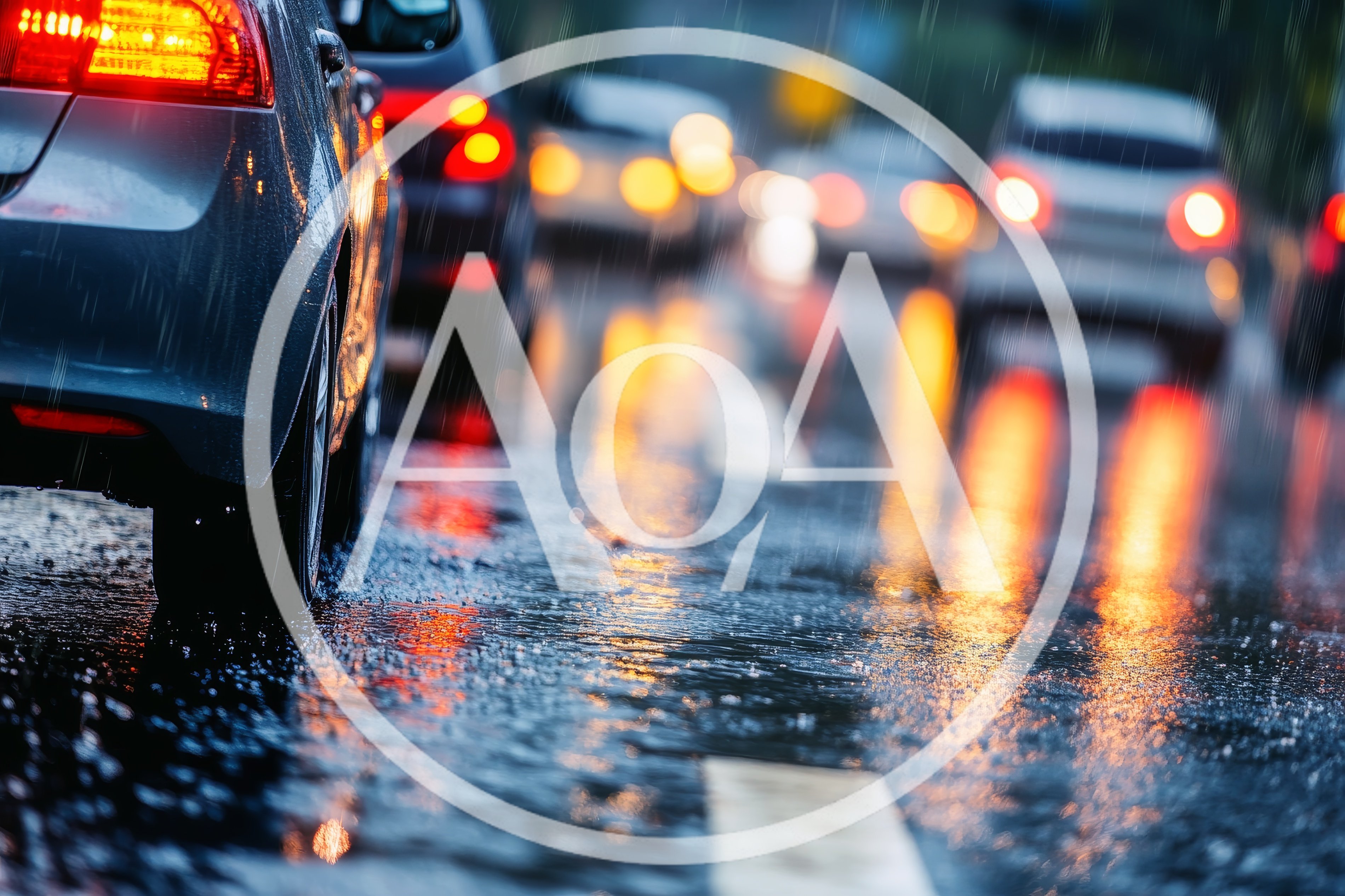 Cars Driving Through Heavy Rain On Wet City Road