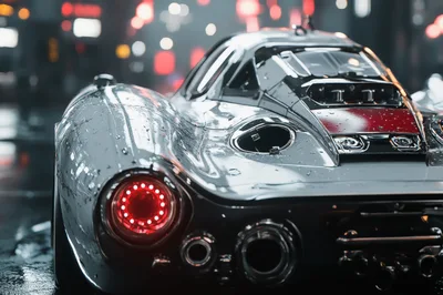Futuristic Sports Car Rear View In Rainy City