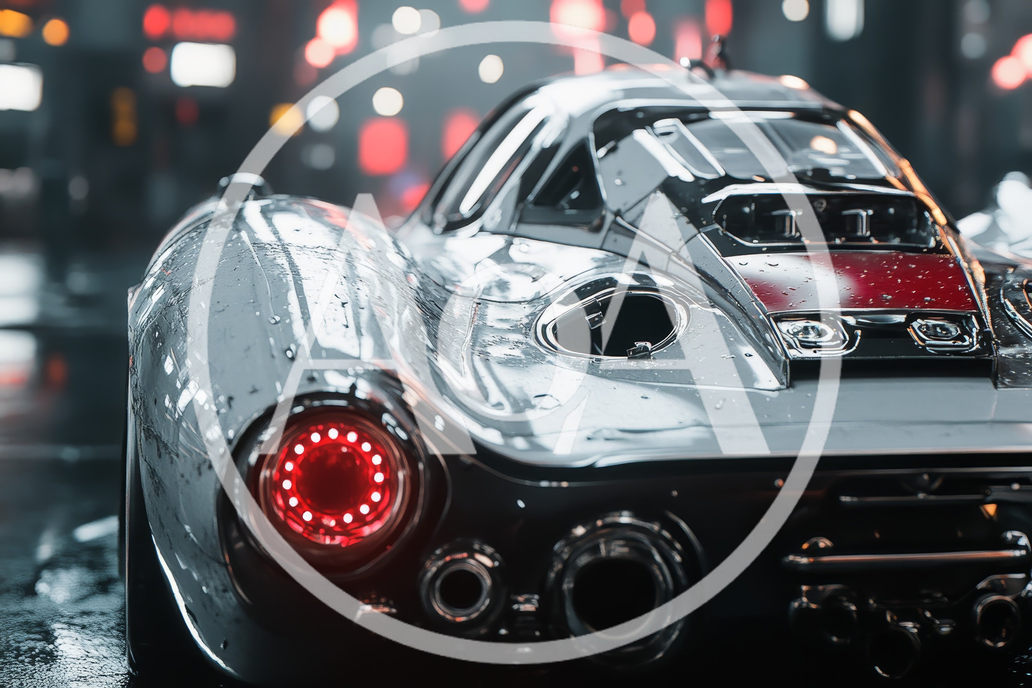 Futuristic Sports Car Rear View In Rainy City