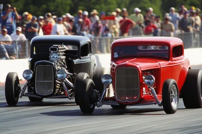 Two Classic Hot Rods Racing On A Drag Strip