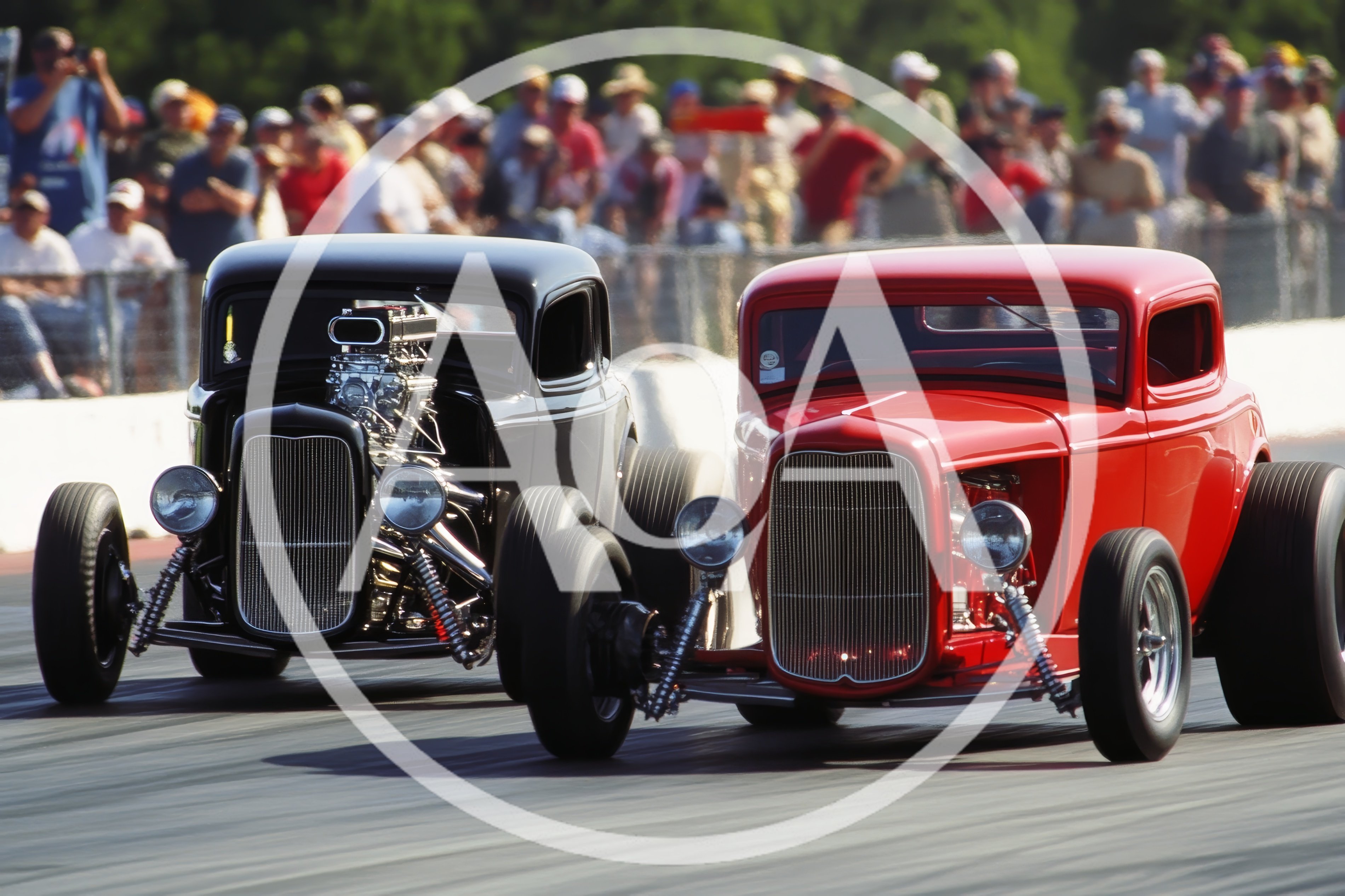 Two Classic Hot Rods Racing On A Drag Strip