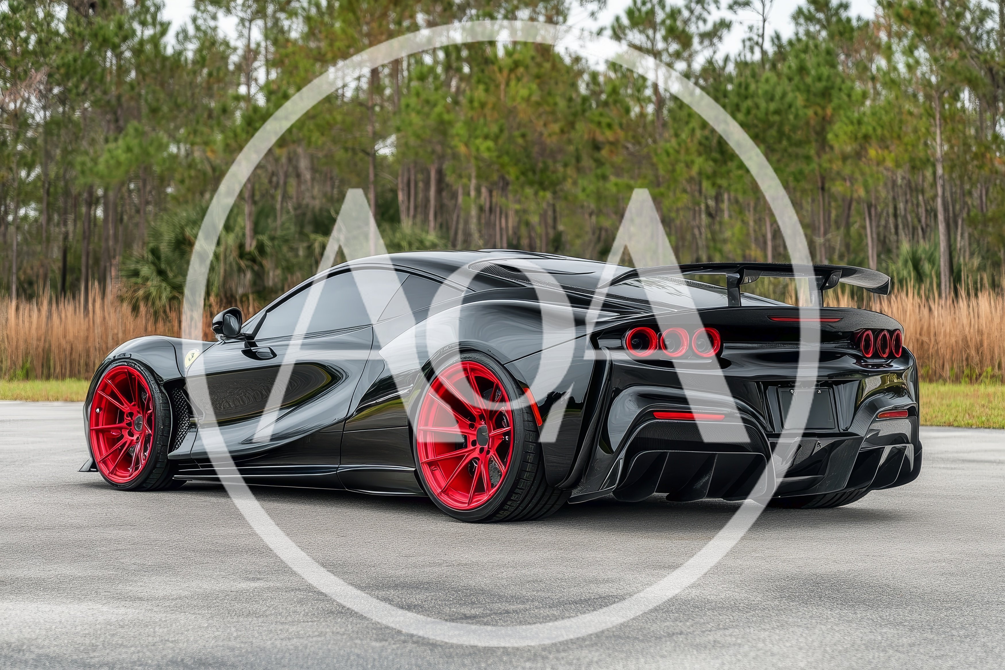 Black Ferrari Supercar With Red Wheels Parked Outdoors