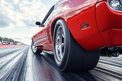 Red Muscle Car Drag Racing On Track