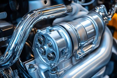 Close Up Of A Polished Metallic Car Engine Component