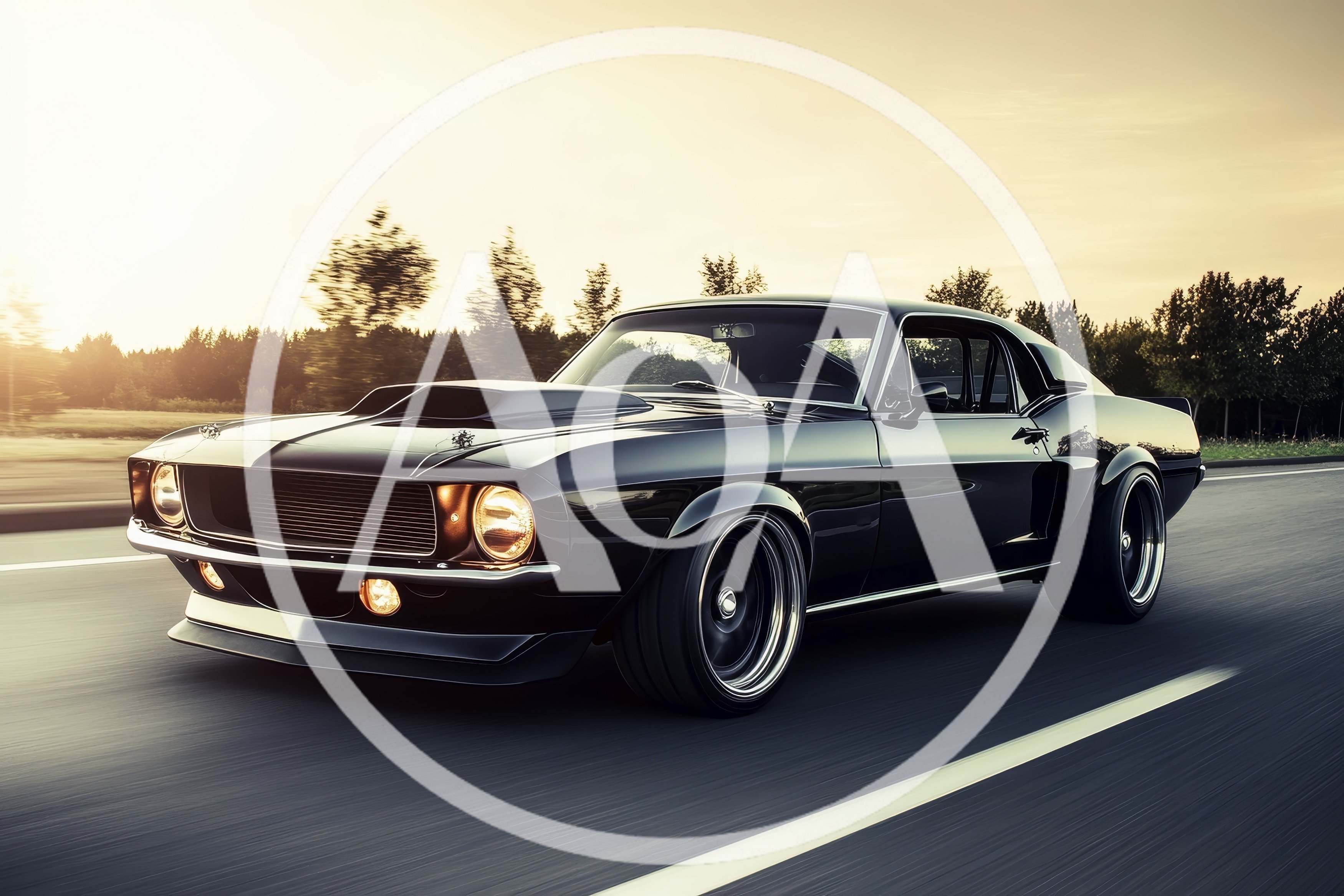 Black Classic Muscle Car Driving On Highway