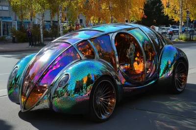 Futuristic Iridescent Art Car Parked On City Street