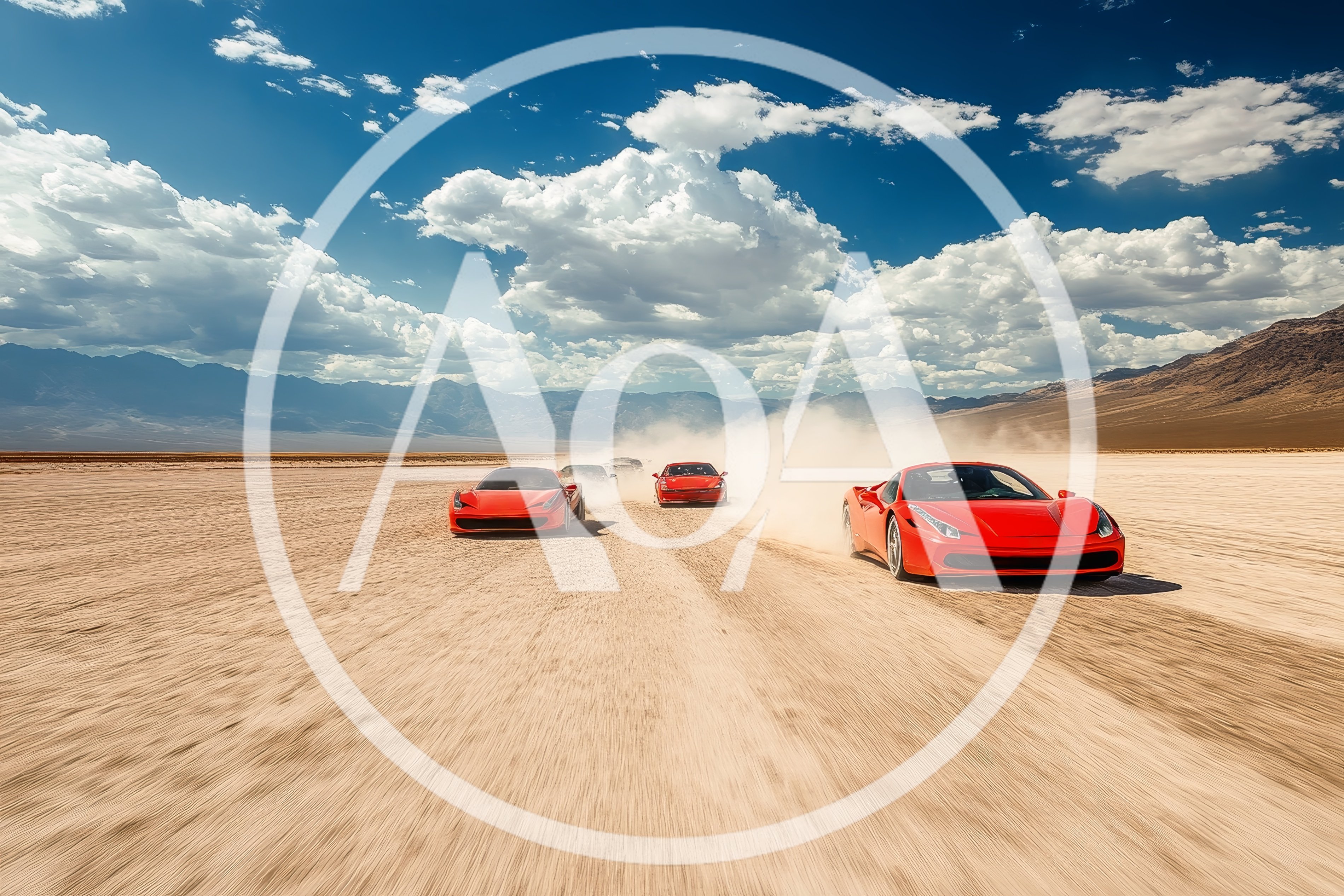 Red Sports Cars Racing Across Dry Desert Lake Bed