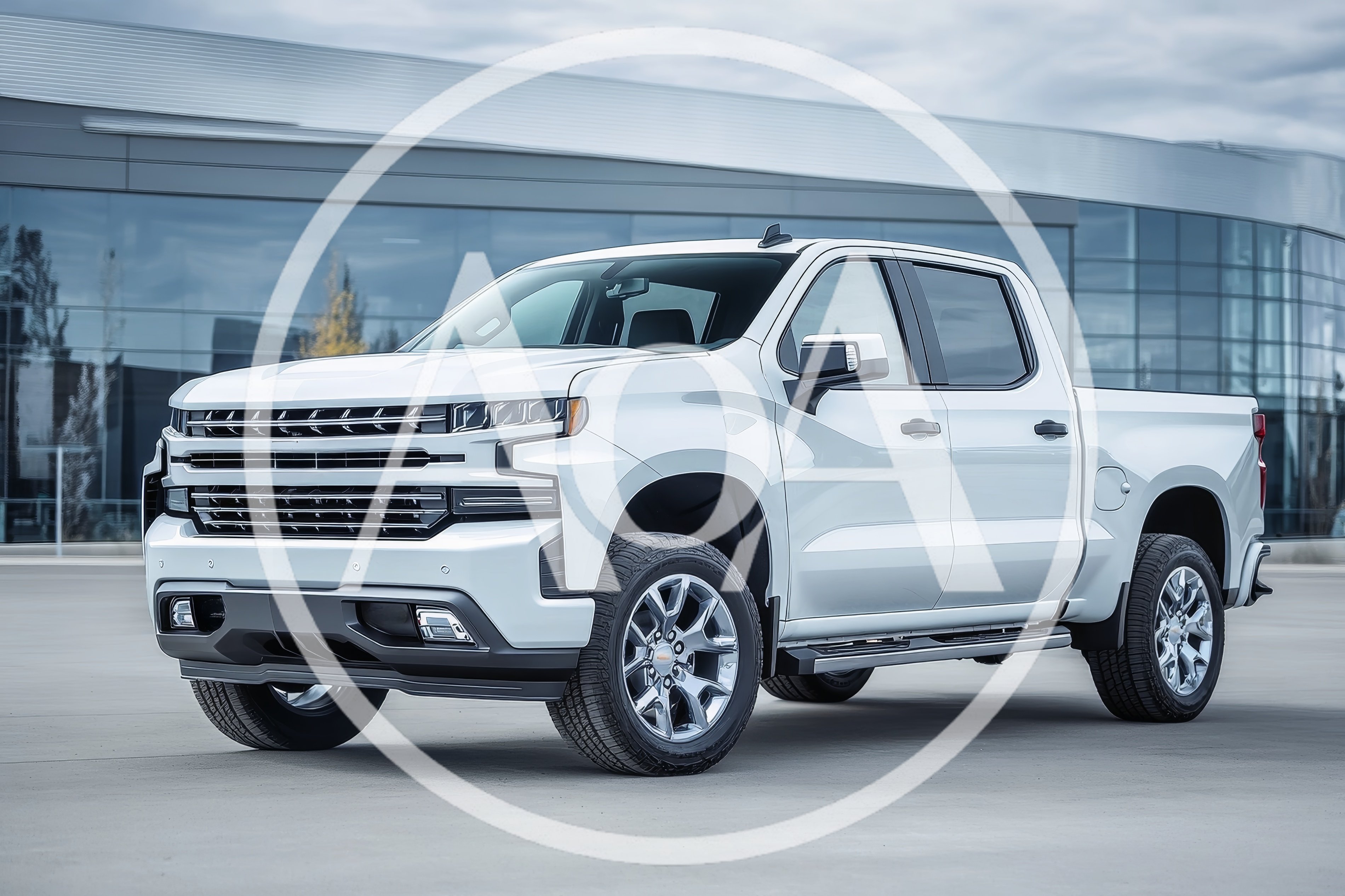 White Chevrolet Silverado Pickup Truck Parked Outside Dealership