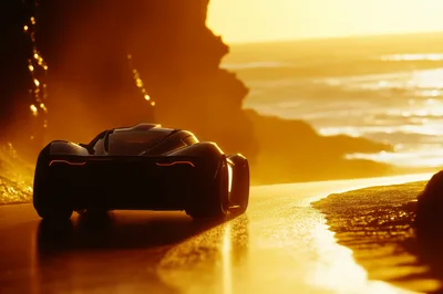 Futuristic Supercar Driving Along A Coastal Road At Sunset
