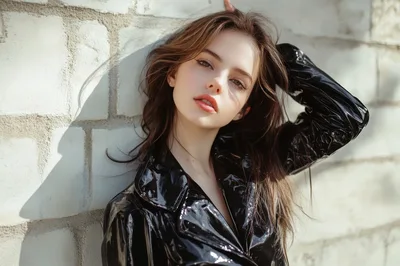 Young Woman Posing Against A White Brick Wall