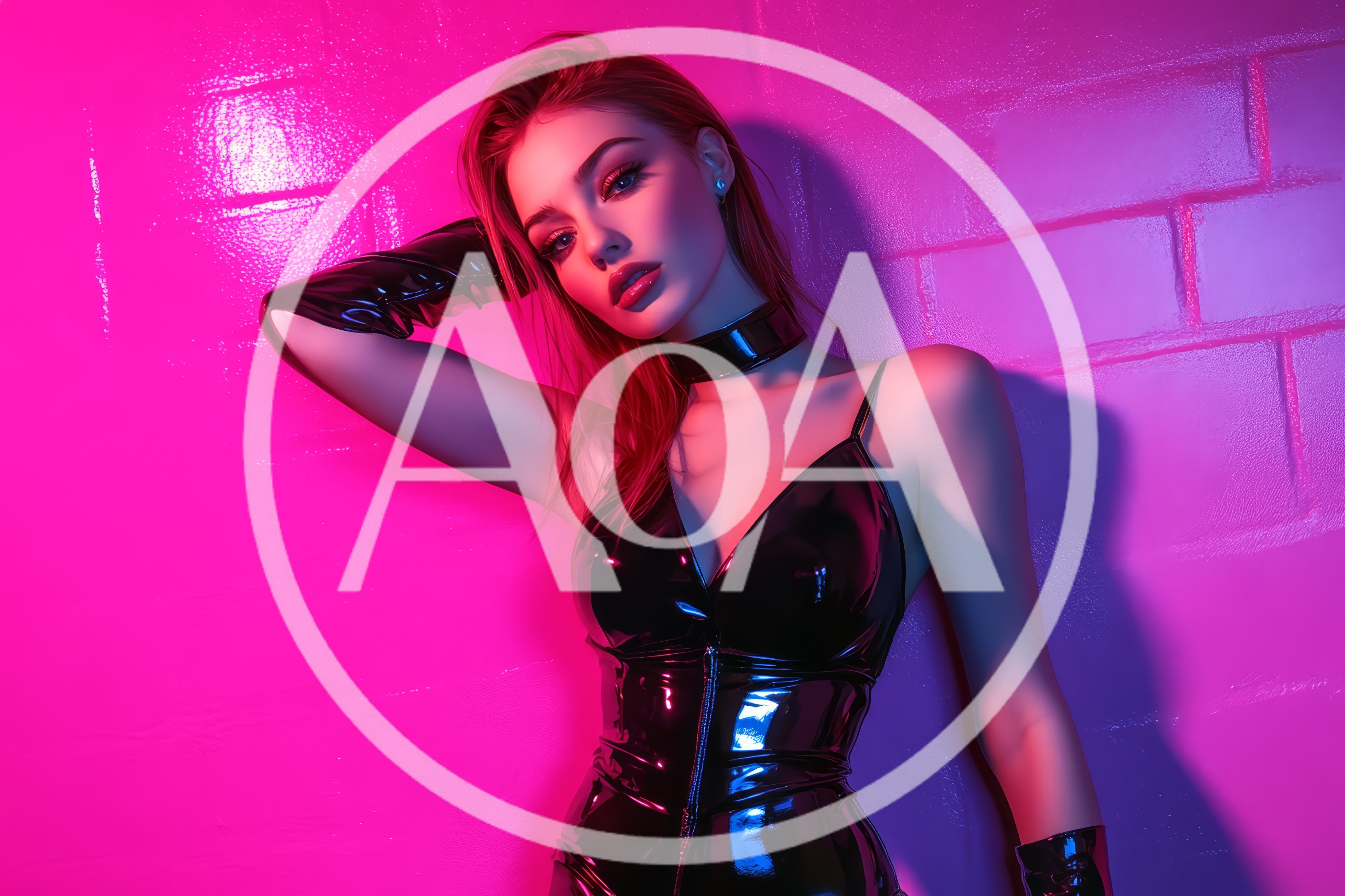 Woman In Latex Bodysuit Posing Against Neon Brick Wall