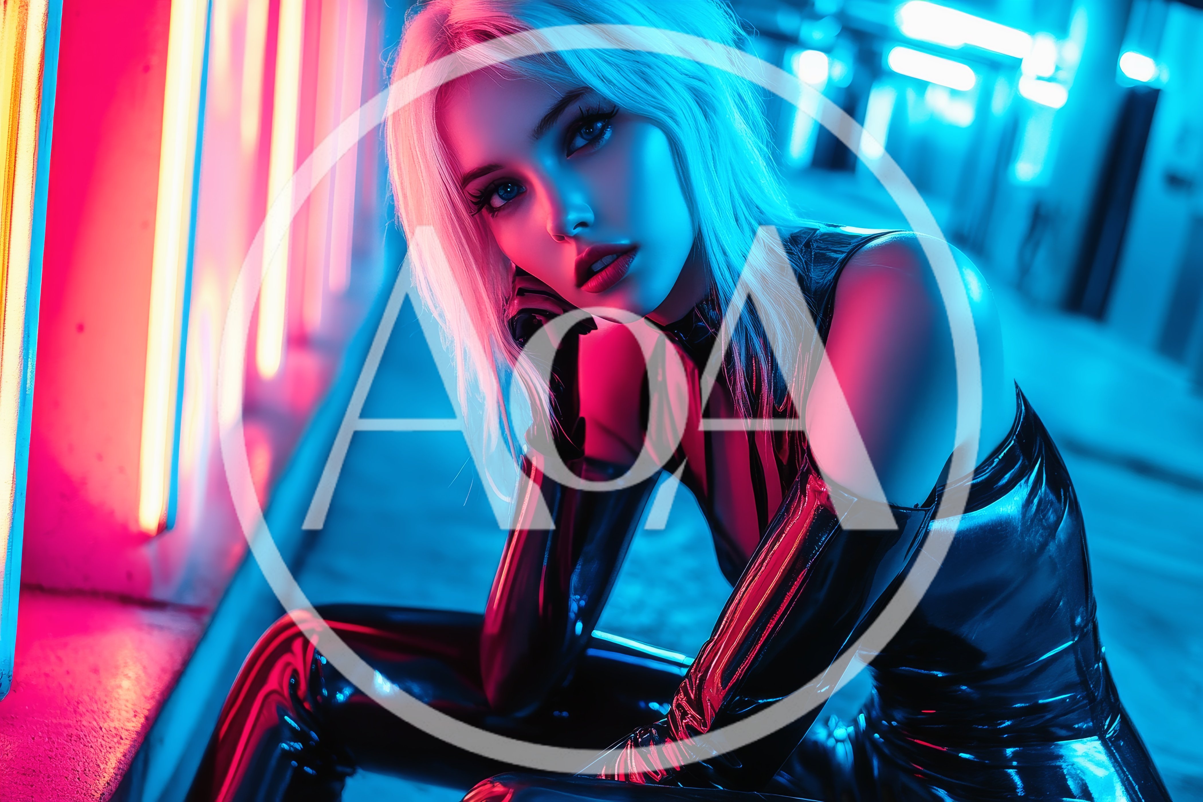 Cyberpunk Woman In Latex Sitting In Neon Alleyway