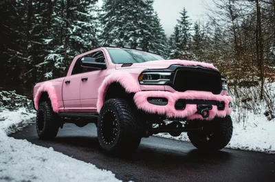 Custom Pink Furry Lifted Pickup Truck In Snowy Forest