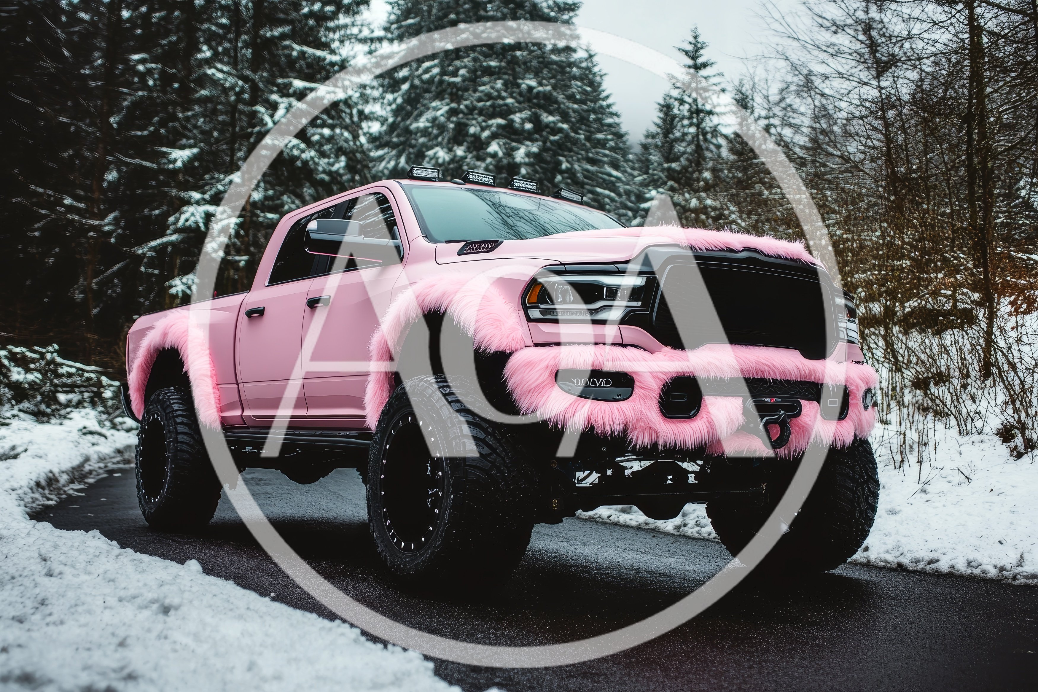 Custom Pink Furry Lifted Pickup Truck In Snowy Forest