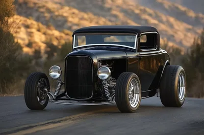 Black Custom Hot Rod Coupe On Desert Road