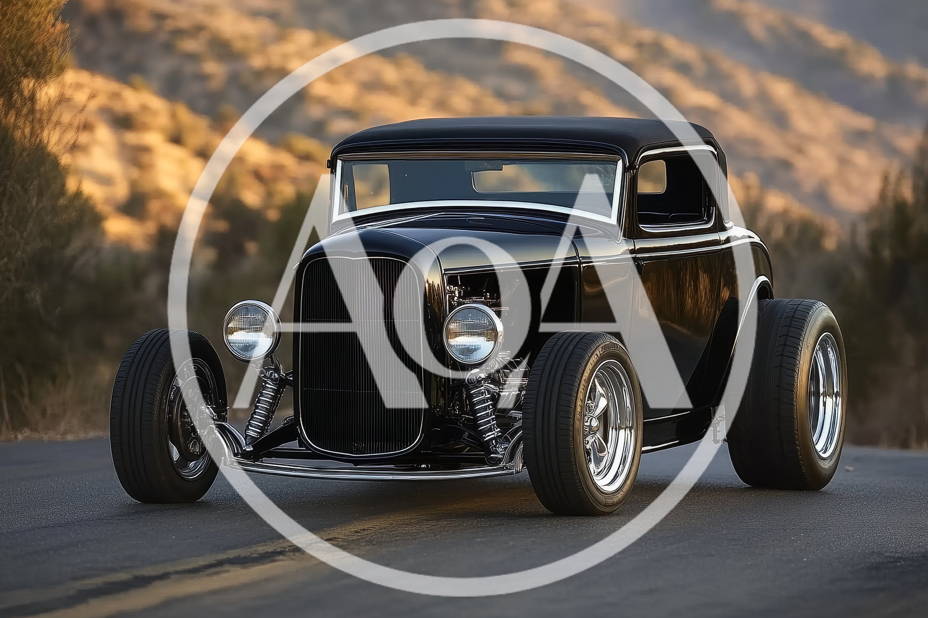 Black Custom Hot Rod Coupe On Desert Road