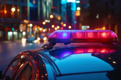 Police Car Emergency Light Bar Flashing At Night