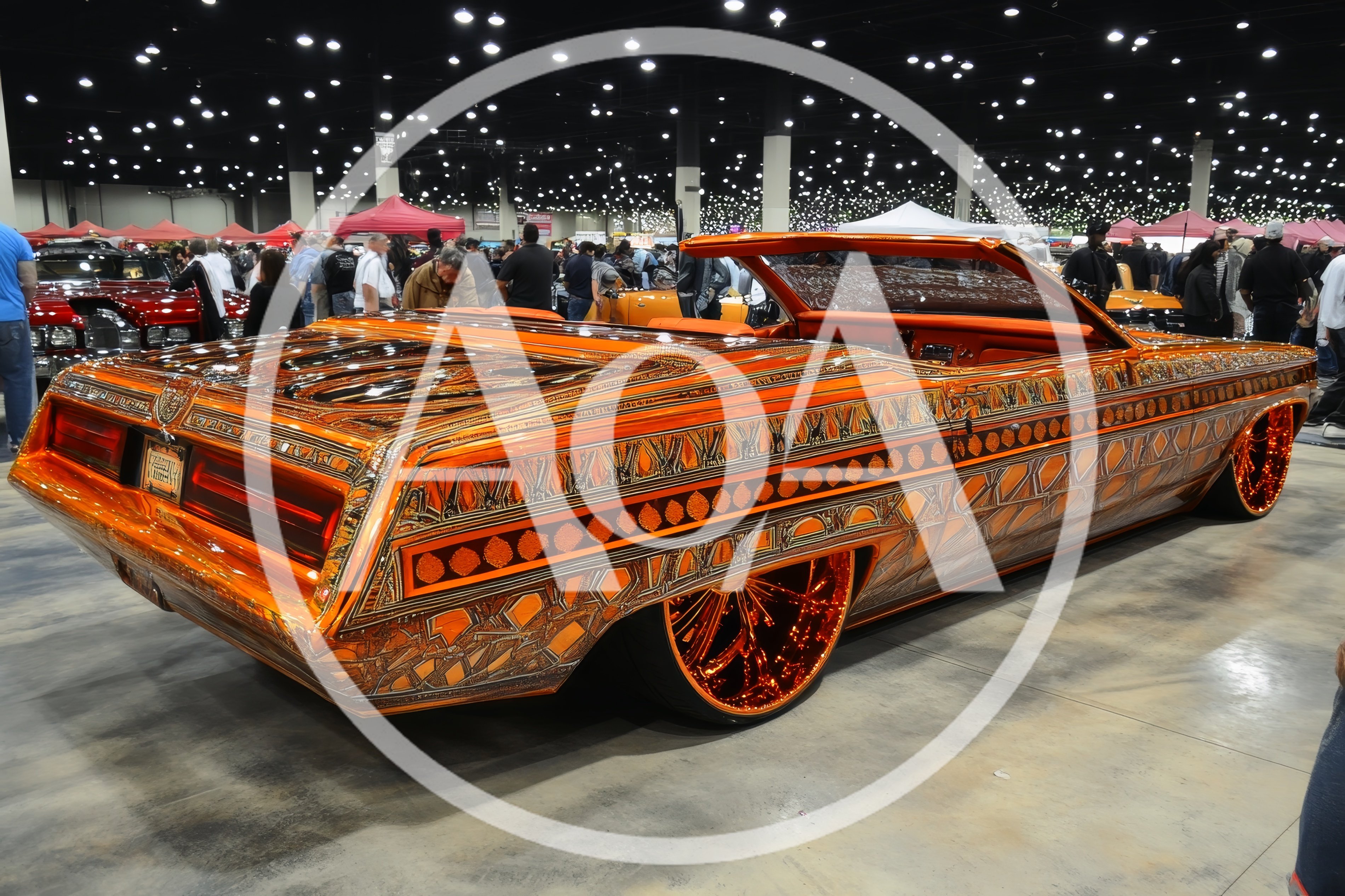 Custom Orange Lowrider Convertible at Indoor Car Show