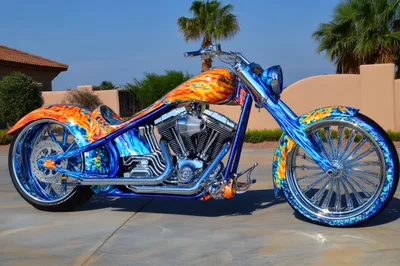 Custom Chopper Motorcycle With Vibrant Flame Paint Job