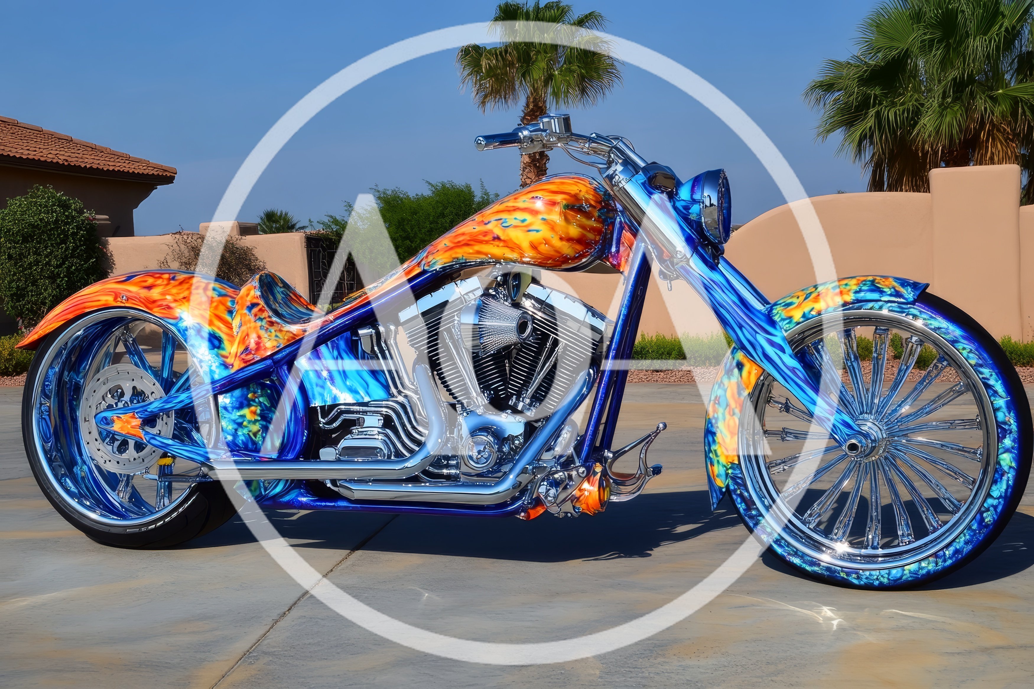 Custom Chopper Motorcycle With Vibrant Flame Paint Job