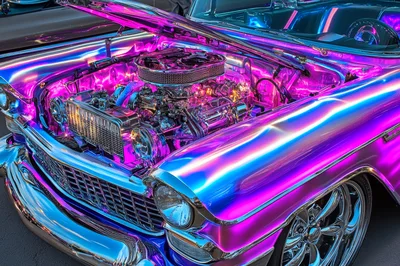 Custom Chrome Classic Car With Neon Engine Lighting
