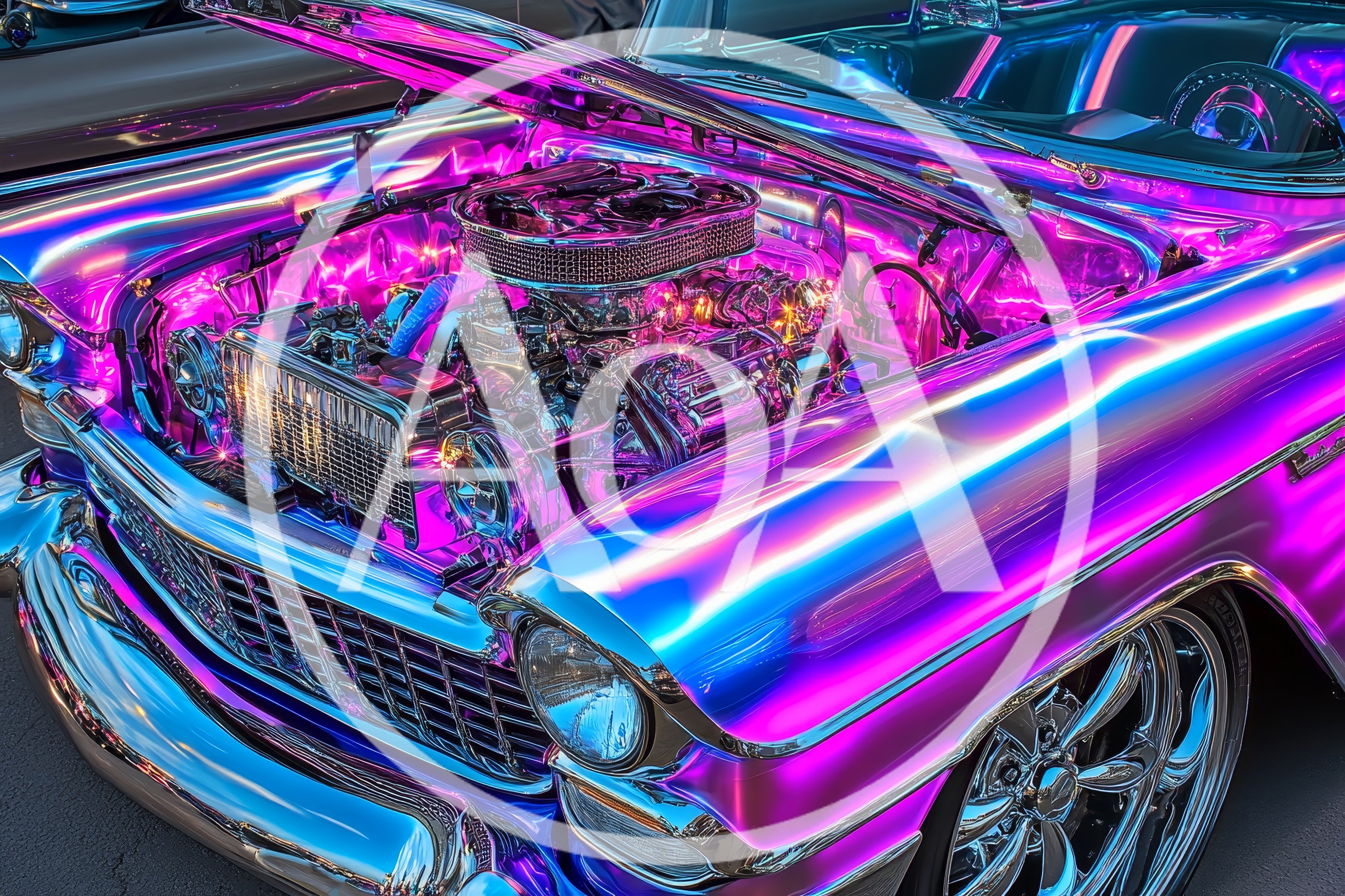 Custom Chrome Classic Car With Neon Engine Lighting
