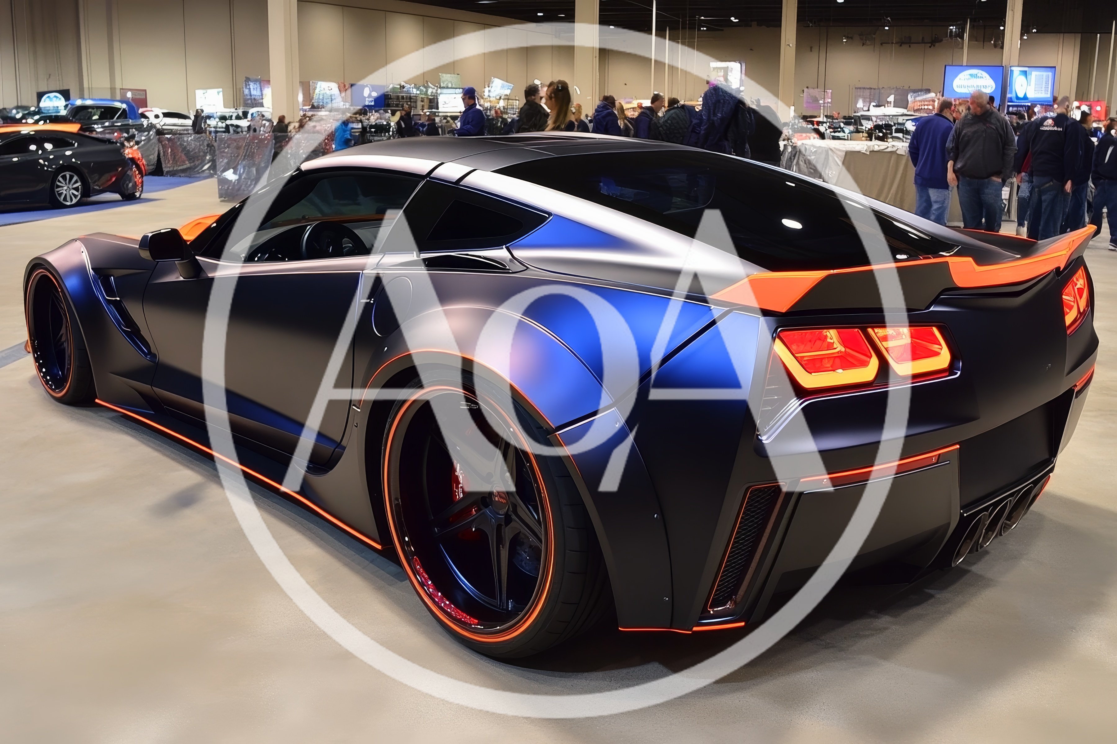 Custom Matte Blue And Orange Sports Car At Auto Show