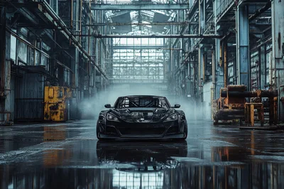 Black Sports Car Inside Abandoned Industrial Warehouse