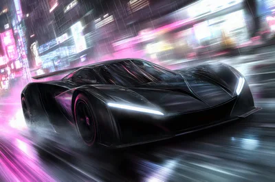 Futuristic Black Supercar Driving Through Neon City Streets