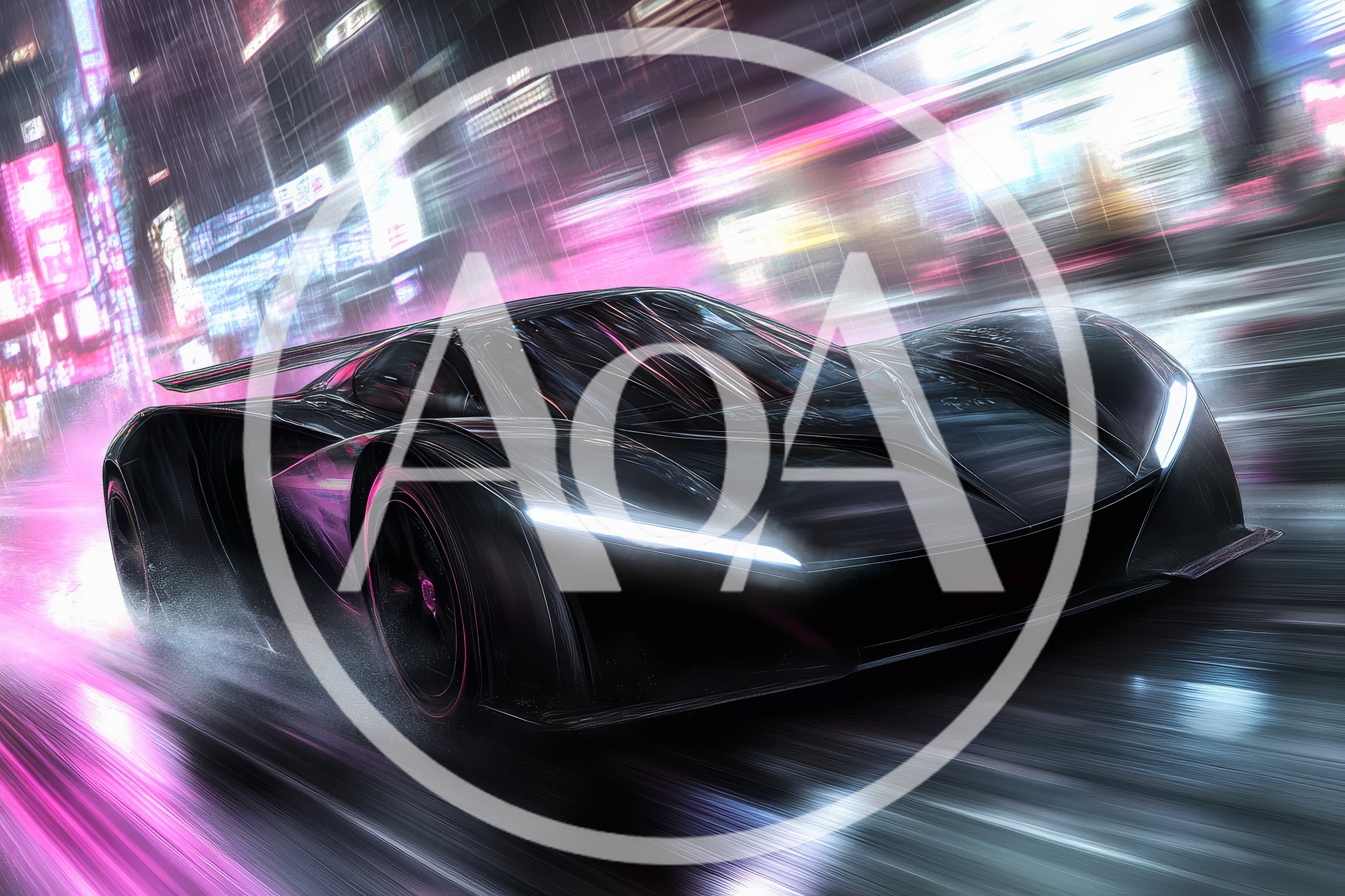 Futuristic Black Supercar Driving Through Neon City Streets